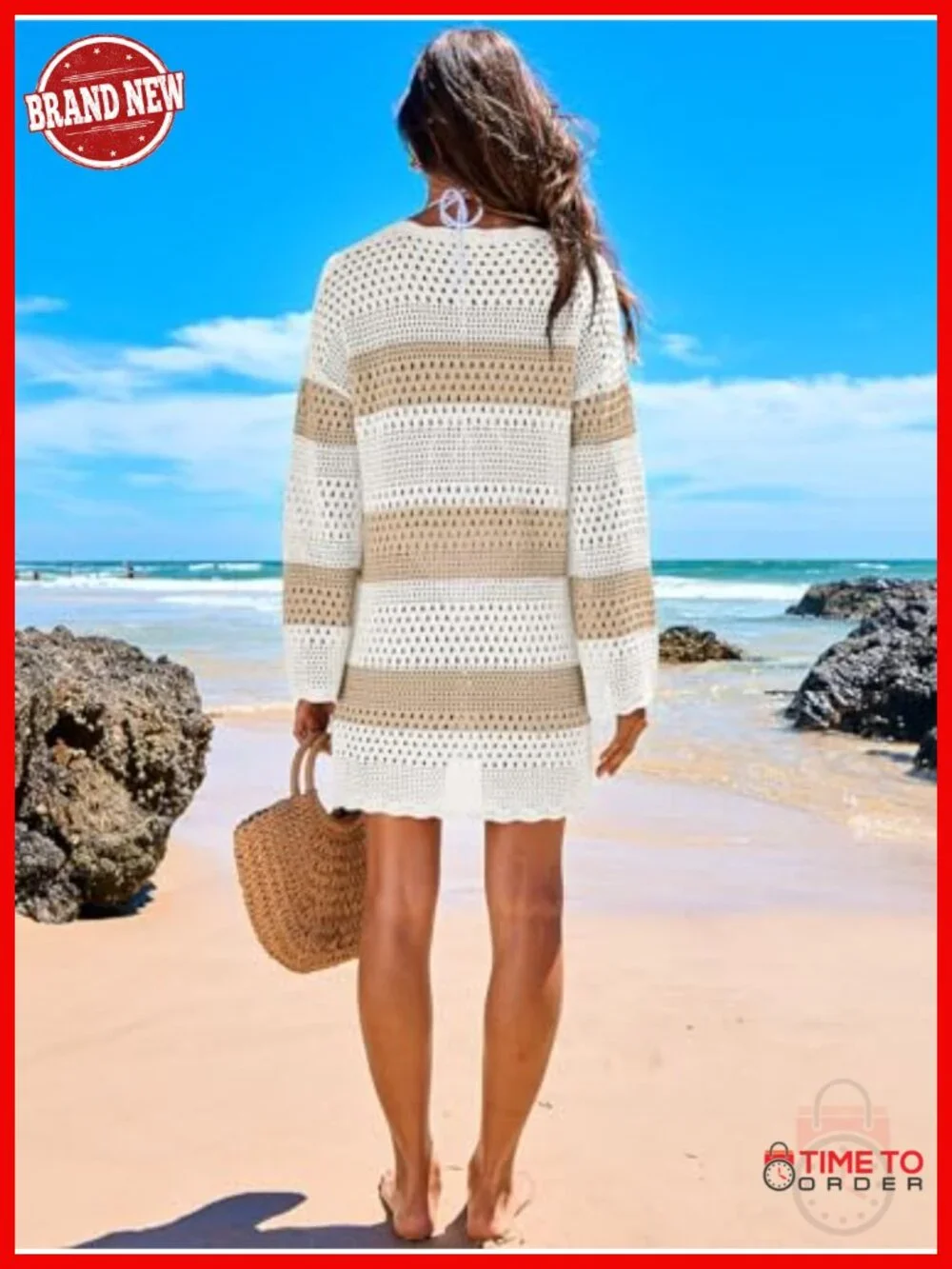 Crochet Knit Cover Up Dress Long Sleeve Beach Swimwear Mesh Hollow Out